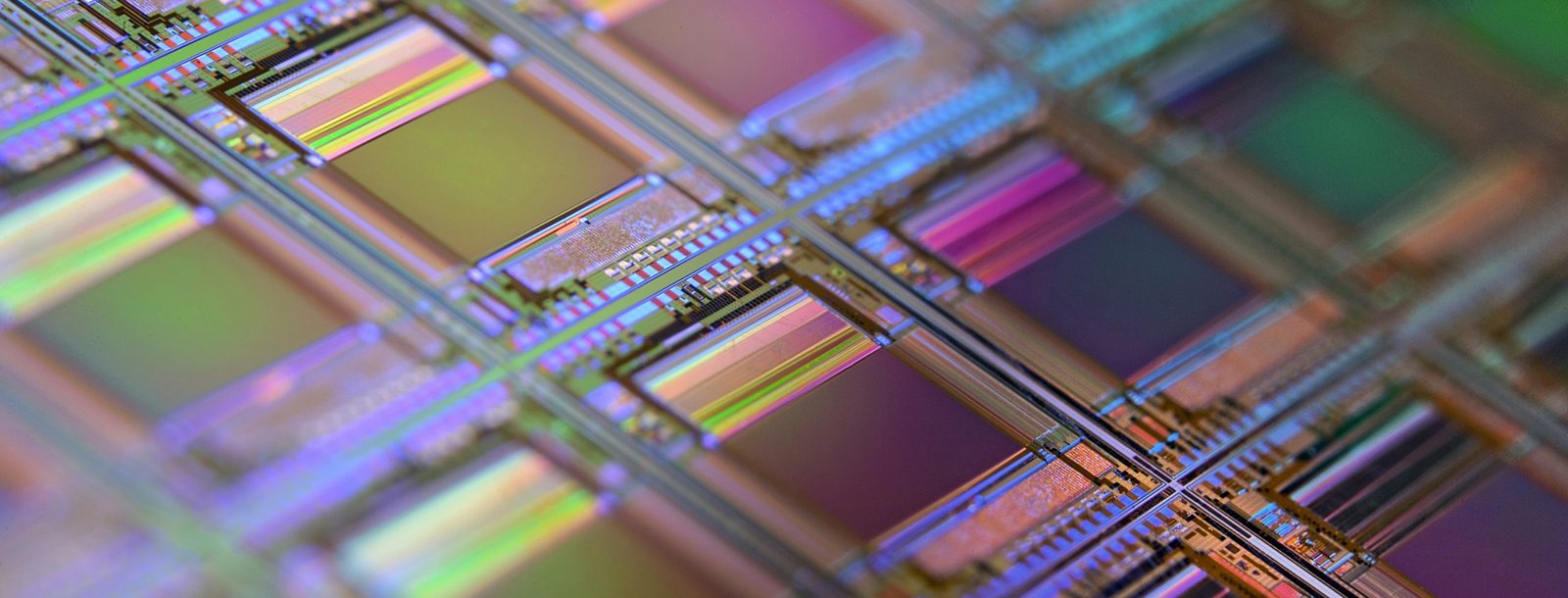 Close-up of a silicon wafer with microchips